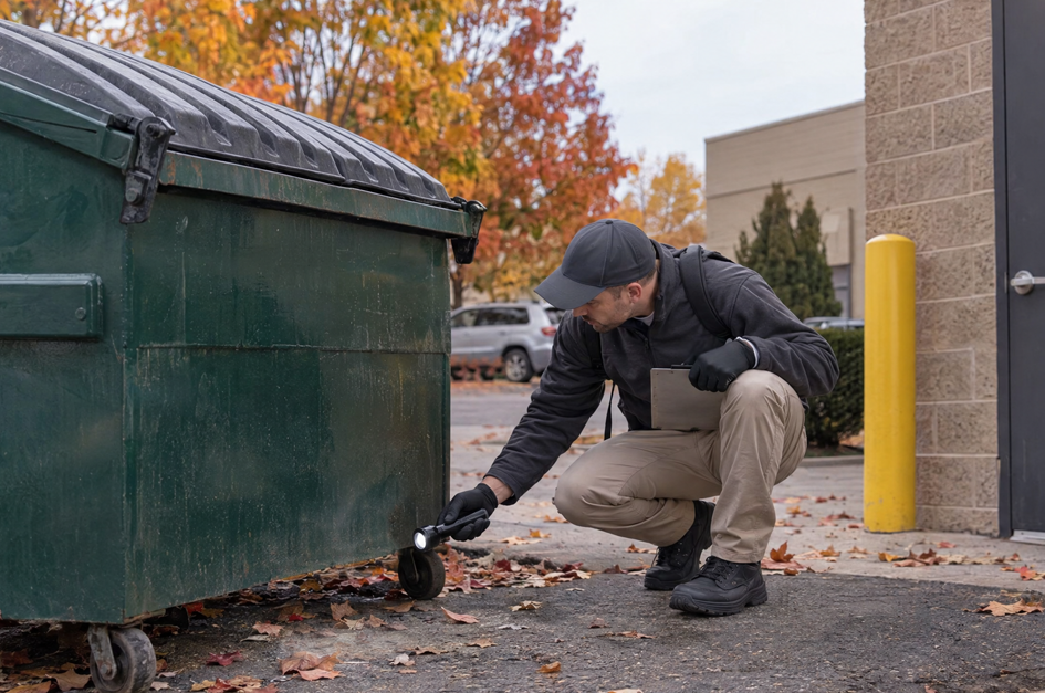 Pest control professional inspecting the area beneath a commercial dumpster during fall