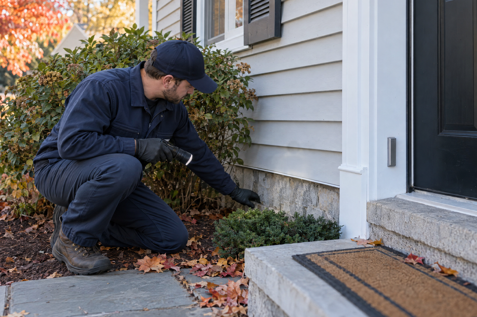 Pest control professional inspecting a home's foundation for possible pest entry points in fall