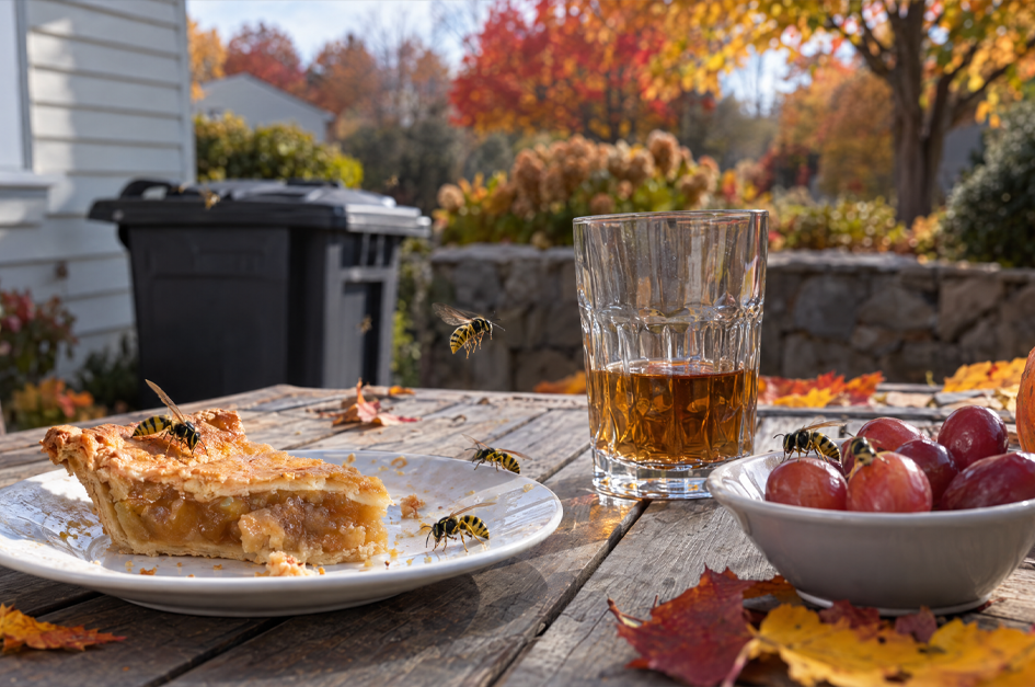 Yellowjackets attracted to food and a sweet drink on an outdoor table during fall